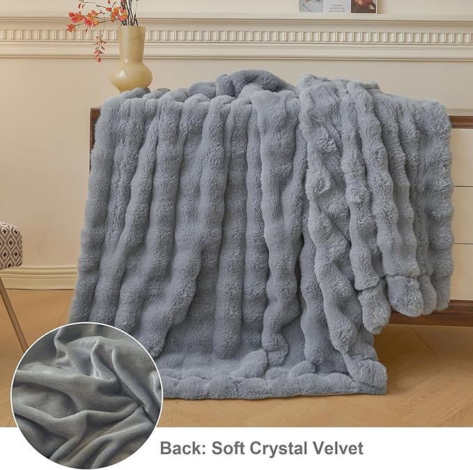 LIFEREVO Luxury Fluffy Faux Rabbit Fur Throw, Plush Fuzzy Bubble Blanket for Couch Sofa, Soft Cute Furry Bed Blanket Home Decoration, Shaggy Throw for Bedroom Living Room Office, 50x60, Light Grey