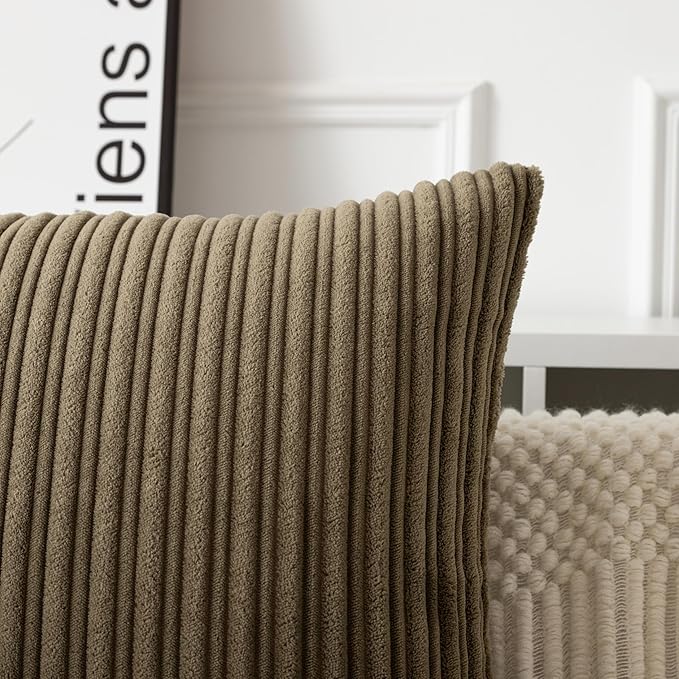 UGASA Velvet 20x20 Inch Soft Throw Pillow Covers Decorative Corduroy Striped Both Sides Solid Square Cushion Cases Boho Farmhouse for Couch Bedroom Sofa Home, Pack of 2, Olive Green