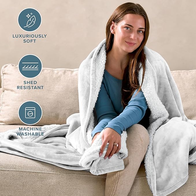 Bare Home Sherpa Fleece Blanket - Throw/Travel Size - Blanket for Bed, Sofa, and Couch - Warm & Lightweight - Fluffy & Soft - Reversible (Throw/Travel, White)