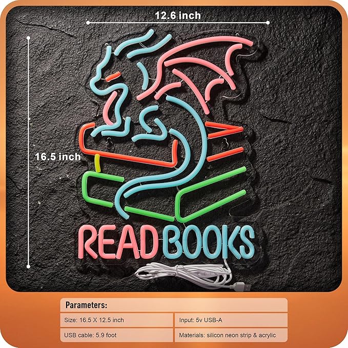Read Books Neon Sign Book Dragon neon sign for wall decor