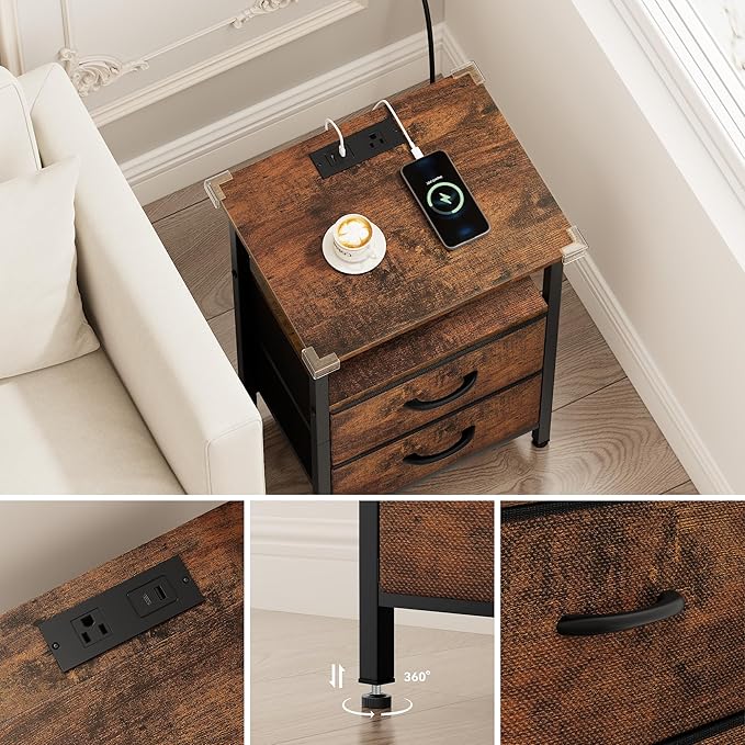 Vagusicc Nightstand with Charging Station, Small Night Stand with Fabric Drawers for Bedroom, End Table, Bedside Table with USB Ports & Outlet, 24.2" Tall Bed Side Table with Open Shelf, Rustic Brown