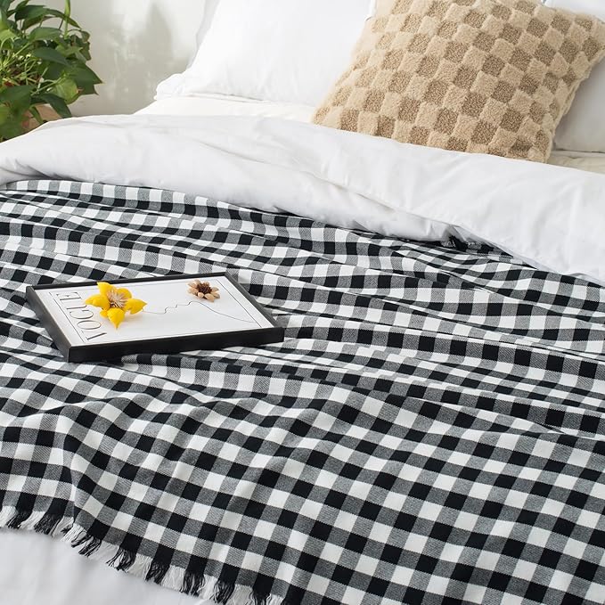 100% Cotton Throw Blanket Plaid Soft Lightweight Cozy Farmhouse Tassels Summer Thin Breathable Throws for Couch Sofa Bed (50" × 60" Black)