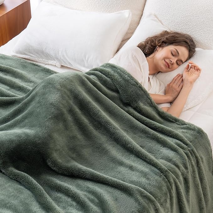 Berkshire Blanket Classic Extra-Fluffy Plush Blanket Queen Size, Soft Fuzzy Fluffy Long Hair Blanket for Couch Sofa Bed, Dark Sage Green, 90x90 Inches
