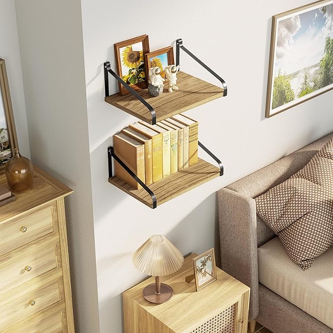 Love-KANKEI Floating Shelves Wall Mount Rustic Wood Wall Shelves with Large Storage L16.5 x W12 inch for Kitchen Living Room Bathroom Bedroom Set of 2 Carbonized Black