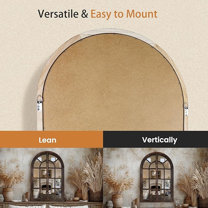 Arched Wall Mirror with Window Pane Design 38 x 26 Inch Rustic Farmhouse Wood Decorative Mirror for Living Room Bedroom Entryway