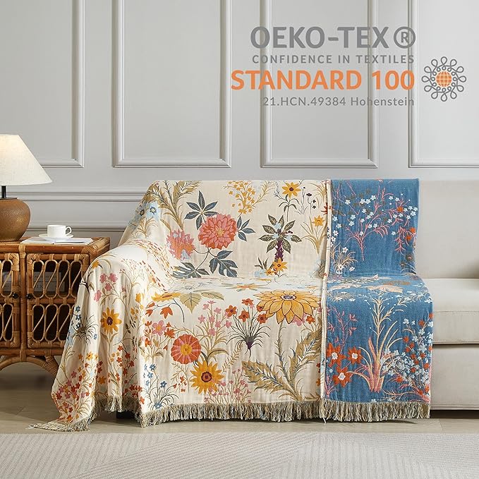 Boho Throw Blanket for Bed 90”x98”, 100% Cotton Woven Blanket for Couch Sofa, Ultra Soft 4-Layer Muslin Quilt with Floral Printed, Farmhouse Bed Blanket/Cover for Living Room Decor