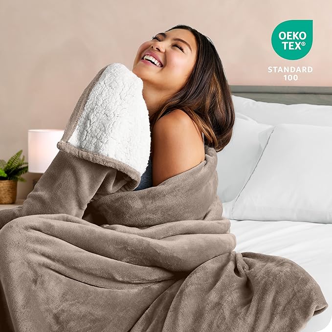 Bare Home Sherpa Fleece Blanket - Throw/Travel Size - Blanket for Bed, Sofa, and Couch - Warm & Lightweight - Fluffy & Soft - Reversible (Throw/Travel, Taupe)