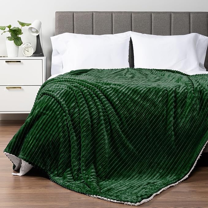 PAVILIA Emerald Green Sherpa Fleece Throw Blanket for Couch, Soft Plush Fuzzy Blankets, Fluffy Flannel Sherpa Blanket for Sofa, Warm 3D Ribbed Winter Blanket Gift, 50x60 inches