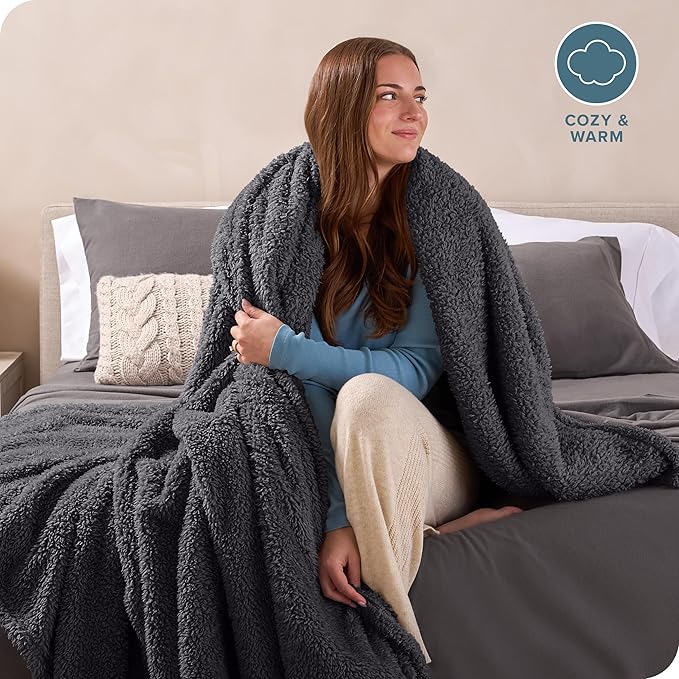 Bare Home Faux Shearling Blanket - Blanket for Bed, Sofa, Couch, Camping, Travel, and Gifts - Warm & Lightweight Throw - Fluffy & Soft (Twin/Twin XL, Solid Forged Iron Grey)