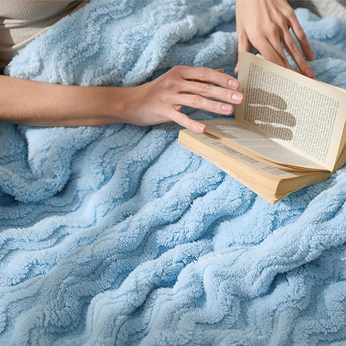 Bedsure 3D Wave Fleece Throw Blanket for Couch - GentleSoft Spring Fluffy Blanket for Sofa Bed Room Decor, Super Cozy Fleece Throw for Women, Warm Cute All Season Gift, 50x60 Inches, Light Blue