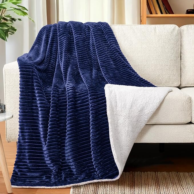 PAVILIA Navy Sherpa Fleece Throw Blanket for Couch Twin, Soft Plush Fuzzy Blankets, Fluffy Flannel Sherpa Blanket for Bed, Warm 3D Ribbed Winter Blanket Gift, 60x80 inches