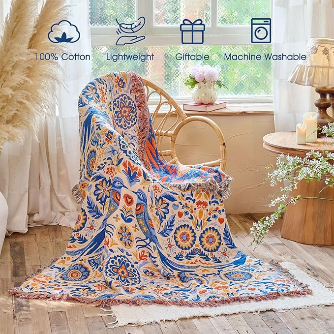 Boho Throw Blanket - 100% Cotton Ultra Soft Muslin Spring Blanket, 60"x80" Lightweight Floral Bird Framhouse Bedding Blanket for Bed, All Season Blue Bohemian Bedroom Home Decor Quilt