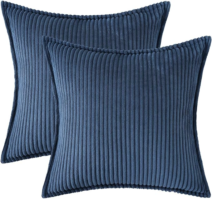 Mecatny Corduroy Throw Pillow Covers 18x18 Set of 2, Neutral Decorative Soft Boho Couch Pillow Covers with Broadside for Sofa Living Room, Navy