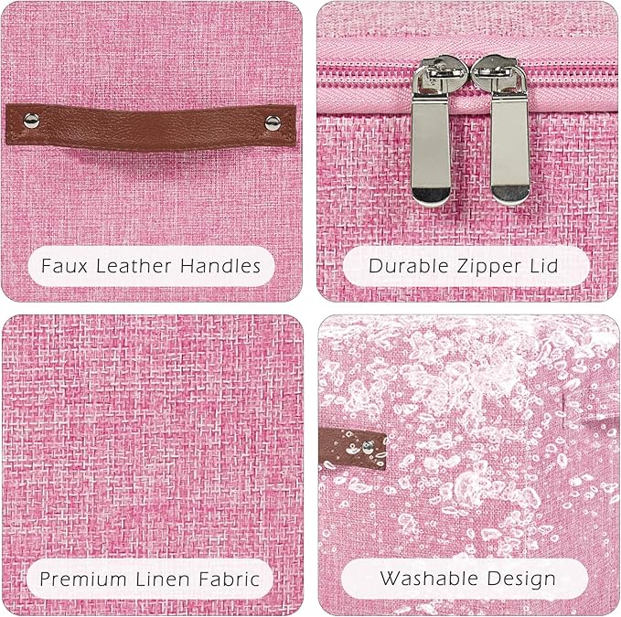 2 Pack Storage Bins with Zipper Lid Cotton Linen Fabric Lidded Storage Baskets Boxes Foldable Washable Closet Shelf Clothes Organizer Container with PU Leather Handles (Pink, Large)