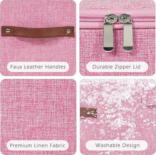 2 Pack Storage Bins with Zipper Lid Cotton Linen Fabric Lidded Storage Baskets Boxes Foldable Washable Closet Shelf Clothes Organizer Container with PU Leather Handles (Pink, Large)