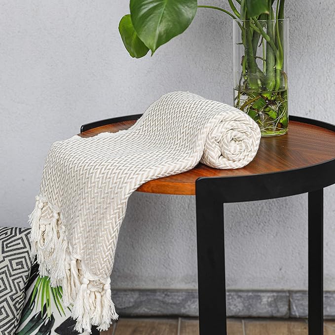 Peshtemania Premium Cotton Boho Throw Blanket Fall Throw Blanket |50”x60”| Beige Cream for Bed Sofa Couch Outdoor Farmhouse Turkish Throws and Blankets for Bedroom Picnic Blankets Yoga Blanket