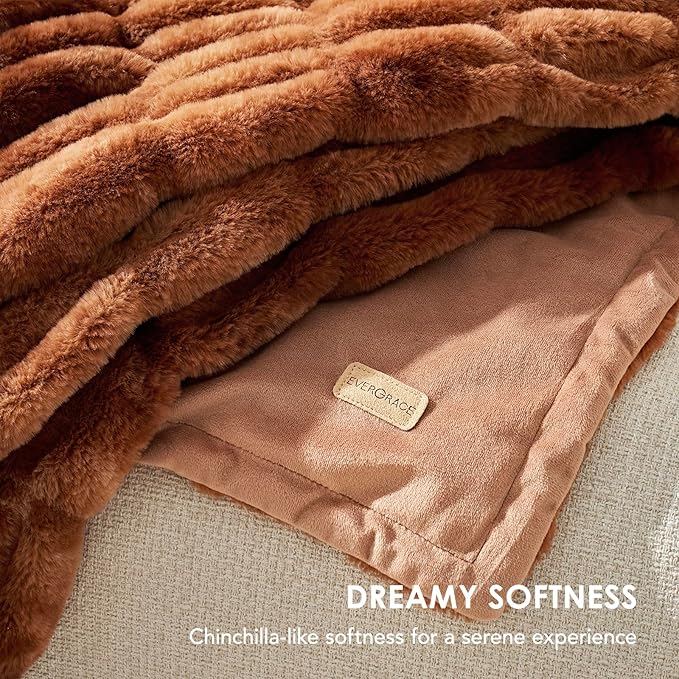 EVERGRACE Luxurious Soft Faux Rabbit Fur Throw Blanket, Cozy Fuzzy Plush Warm Throws for Couch Bed Sofa Chair Home Decor, Ruched Bubble Fluffy Blanket with Reversible Velvet, 60" x 80", Clay