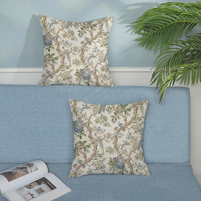 Blue Green Floral Bird Pillow Covers 22x22 Set of 2 Chinoiserie Throw Pillows Green Vintage Flowers Bird Decorative Pillow Cases Outdoor Chinoiserie Decor Farmhouse Cushion Case for Couch Sofa