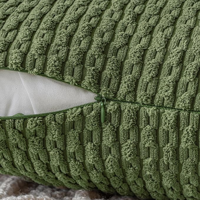 MIULEE Pack of 2 Decorative Lumbar Throw Pillow Covers 12x20 Inch Soft Boho Striped Textured Corduroy Pillow Covers Modern Farmhouse Home Decor for Couch Bed Sofa Living Room Moss Green