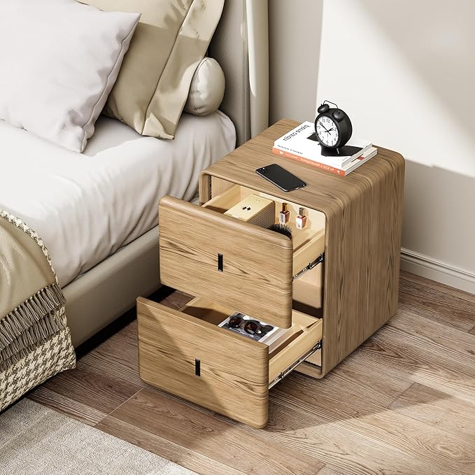 VICITON Narrow Nightstand with Drawers, Faux Leather Bedside Table, Solid Wood Drawer, Small Side Table for Bedroom (Leather Yellow Oak, 15.7" x 15.7" x 19.7")