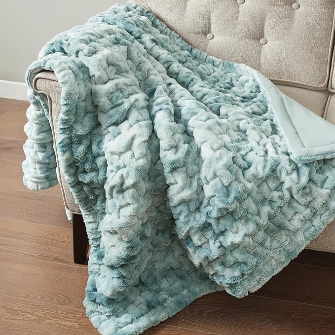 Madison Park Faux Fur Throw, Luxurious Ruched Texture, Fuzzy Warm, Plush Mink-Like Reverse, All Season, Lightweight & Cozy Blanket-Throw for Sofa, Couch, Living Room & Office 50" x 60" Blue Tie Dye