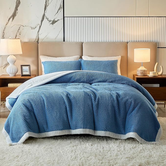 Luxury Flannel Fleece Sherpa Blankets King Size for Bed, Jacquard Boho 3-Layer Thick and Warm Blanket for Winter, Soft Cozy Fuzzy Plush Velvet Blanket with 2 Pillow Cases, Blue, 102x88 Inches