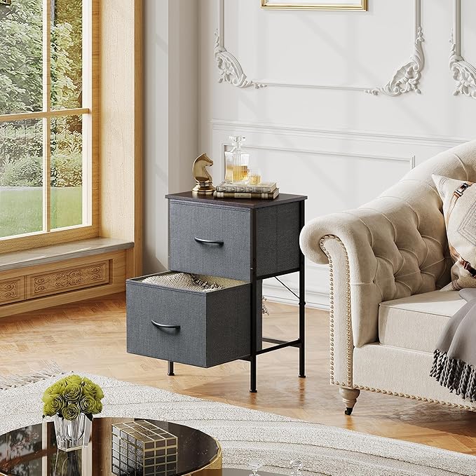 WLIVE Night Stand Set 2, Dresser and Nightstand Sets, Nightstands for Bedroom with 2 Fabric Drawer, End Tables Bedroom Furniture Set, Closet, College Dorm, Dark Grey, Size L