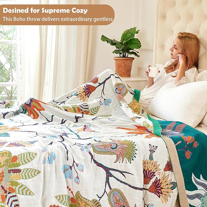 Boho Throw Blanket, 100% Organic Cotton Breathable Skin-Friendly Ultra Soft Bed Quilt Throw - All Season Floral Bird Farmhouse Décor Luxury Blanket for Sofa Couch Chair and Gift. 91" x 98"