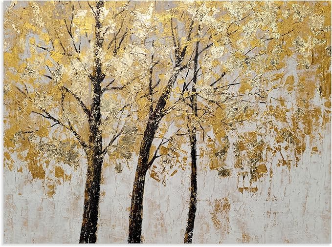 Yihui Arts Tree Painting with Gold Foil - Hand Painted Landscape Canvas Wall Art for Farmhouse Living Room, Bedroom, and Bathroom Decor