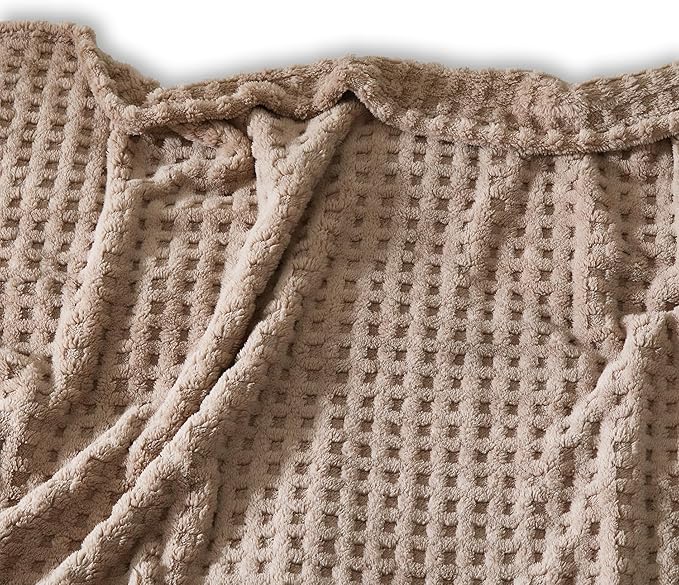 Soft Cozy Fuzzy Fleece Throw Blanket, Waffle Light Taupe, 50x60 Inches – Lightweight, Fluffy, and Warm 3D Jacquard All-Season Blanket for Couch, Bed, Sofa, Home Decor, Camping, and Travel