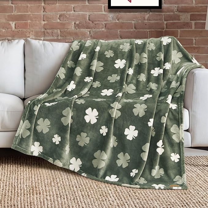 Lucky Brand 50" x 70" Plush Throw Blanket, Clover Toss Green Blanket for Sofa or Bed