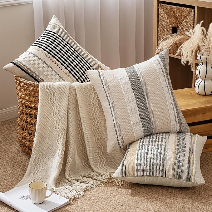 ANRODUO Pack of 2 Boho Decorative Throw Pillow Covers 24x24 Farmhouse Cushion Case Striped Chenille Pillow Cases Square Pillow Covers Accent Neutral Pillowcase for Sofa Couch Bed, Gray Blue Stripe