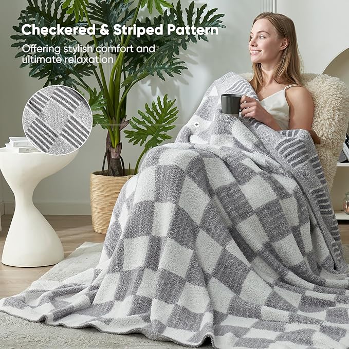 Snuggle Sac Checkered Throw Blanket for Couch,Reversible Soft Cozy Fluffy Blankets for Sofa Bedroom,Cute Lightweight Striped Throws for Women,Heather Light Grey,60x80 inches
