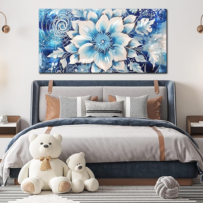 Xxliren Flower Wall Art for Living Room Large Size Office Blue Floral Wall Art Prints Ready To Hang Size 60 x 30 Inch