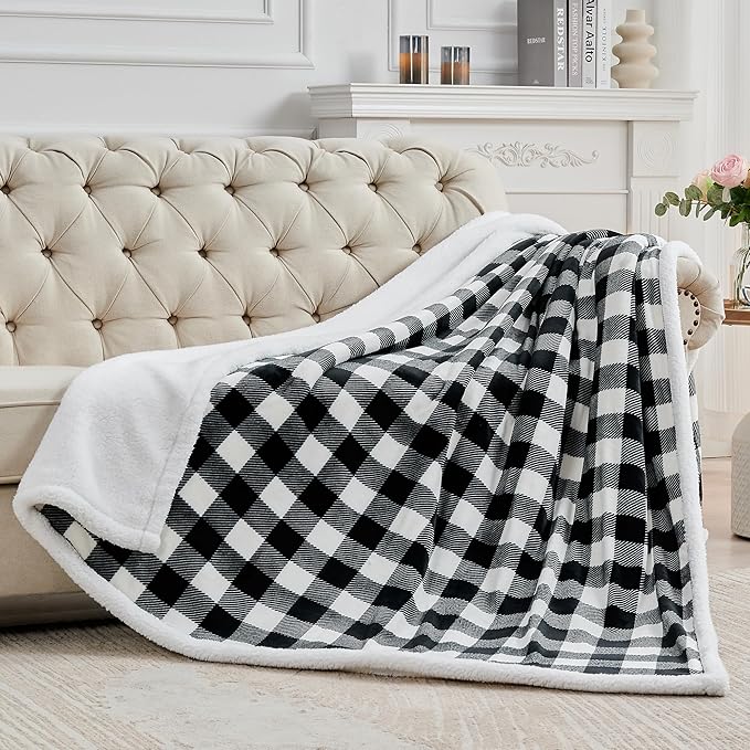 BEDELITE Sherpa Fleece Blanket - Black and White Buffalo Plaid Christmas Blanket, Super Soft Cozy Warm Thick Winter Throw Blankets for Couch and Bed, 60" x 80"