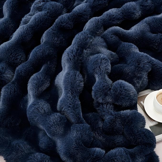 JONIYEAR Soft Fuzzy Oversized Bubble Faux Rabbit Fur Throw Blanket 60" x 70", Reversible Solid Thick Warm Fluffy Blanket for Winter, Luxe Cozy Puffy Shaggy Furry Blankets for Bed, Twin Size, Navy Blue