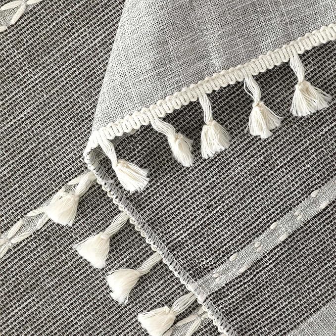 SIELUNO Nightstand Cover, Rectangle Bedside Tablecloth with Pockets and Tassel, Cotton Linen Waterproof Small Tablecloth TV Cabinet Washer Dryer Fridge Top Dust Cover-Grey Stripes-16x36 Inch