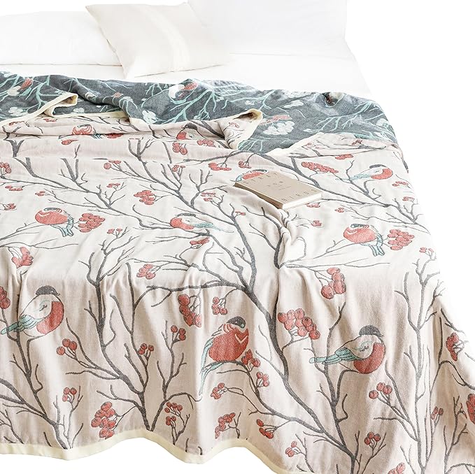 Scientific Sleep Magpie on Hawthorn Tree 100% Cotton Muslin Blanket Throw Cover for Bed Couch Sofa Cozy Soft Reversible Bedding Blanket Bedspread Coverlet Full Queen 80 in x 90 in