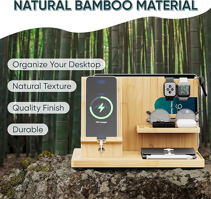 Semiocthome Wood Phone Docking Station with Separate Phone Stand, Bedside Organiser Desk Organiser Presents for Him or Her Anniversary, Birthday Presents for Men Dad Husband Boyfriend Son - Beige