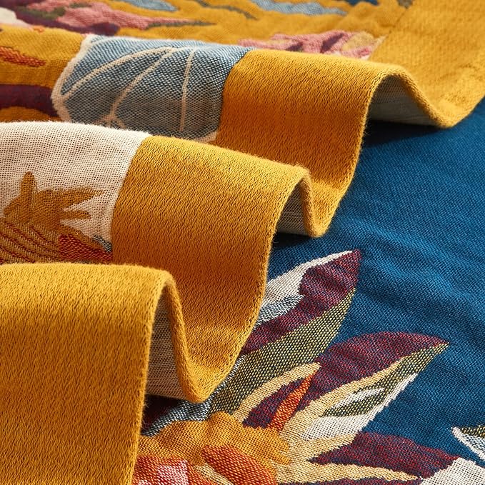 Boho Throw Blanket for Couch Sofa Bed, 100% Cotton Woven Quilt with Tassel 50”x60”, Super Soft Muslin Blanket with Floral Printed, Decorative Reversible Bed Blanket/Cover for All Seasons