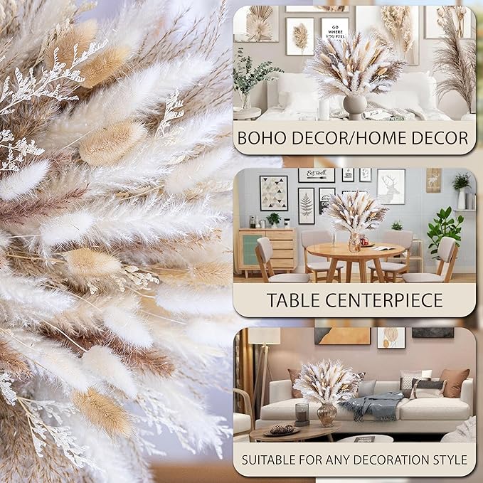 180 Pcs Pampas Grass Decor | Natural Dried Flowers | Boho Dried Floral Arrangement Centerpiece Table Decor Wedding Rustic Decor