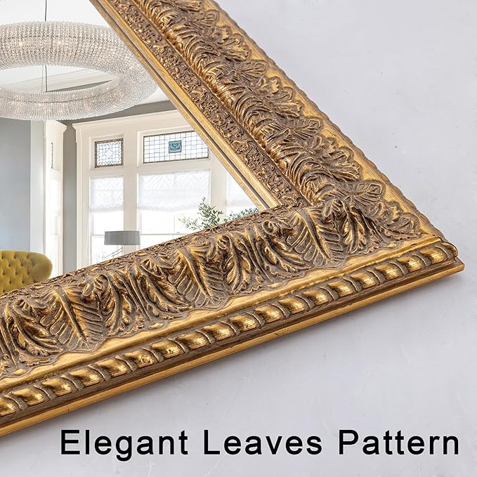 Chende 48" L x 24" W Large Gold Mirror for Wall, Rectangular Decorative Mirror Wall Decor with Leaves Shape Wood Frame, Elegant Baroque Mirror for Bathroom Entrance Hallyway Power Room