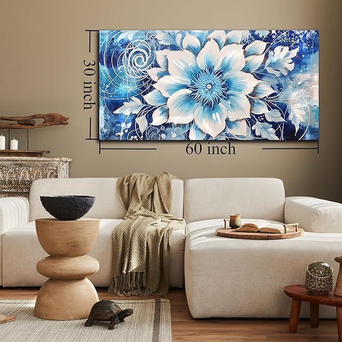 Xxliren Flower Wall Art for Living Room Large Size Office Blue Floral Wall Art Prints Ready To Hang Size 60 x 30 Inch