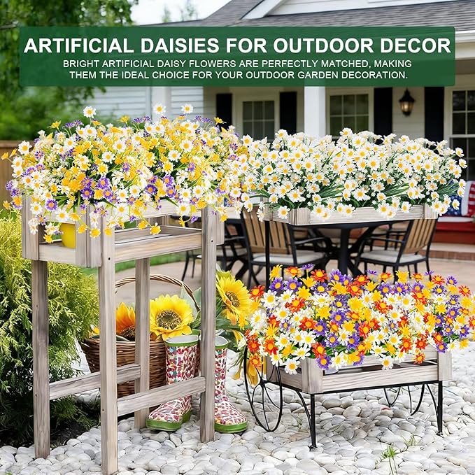 TURNMEON 8 Bundles Artificial Daisy Flowers Outdoor Summer Decor, UV Resistant Fake Flowers Faux Plastic Greenery Shrub Plants for Hanging Gardens Window Porch Box Indoor Spring Cemetery Décor(White)