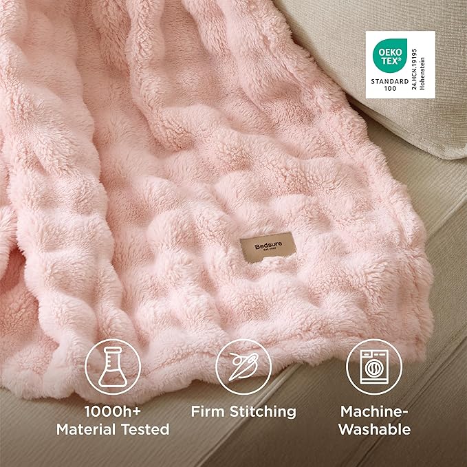 Bedsure 3D Fleece Bubble Blanket - GentleSoft Pink Queen Blanket for Bed Sofa Girls Room Decor - Luxury Soft Cozy Spring Gifts for Her Women, Lightweight, All Seasons, Crystal Pink, 90"×90"