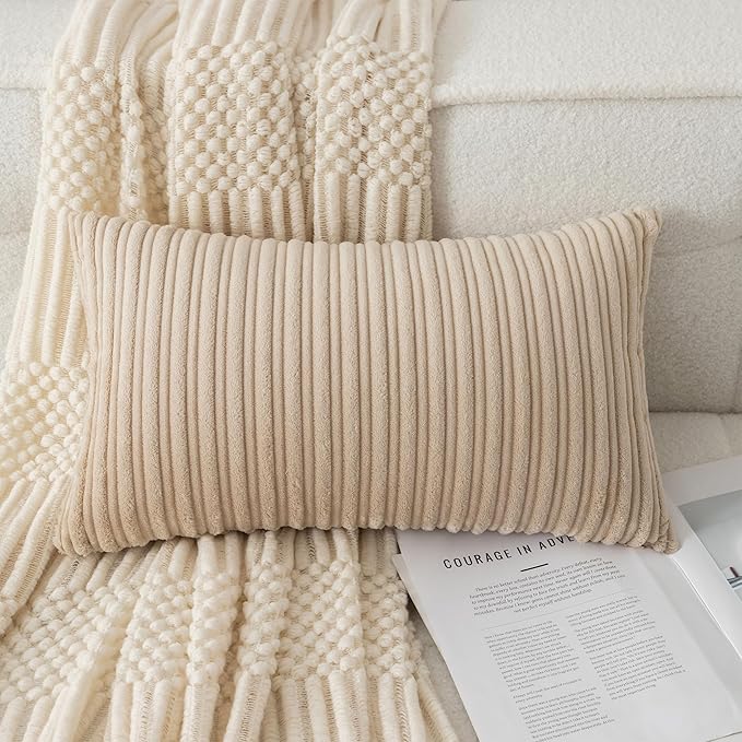 UGASA Velvet 12x20 Inch Lumbar Soft Throw Pillow Covers Decorative Corduroy Striped Both Sides Solid Rectangular Cushion Cases Boho Farmhouse for Couch Bedroom Sofa Home, Pack of 2, Beige