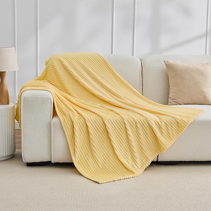 Bnuitland Light Yellow Fleece Throw Blanket for Couch, 300GSM Soft Warm Cozy Fluffy Throw for Adults & Kids, Stripe Pattern 50"x60", All Season Sofa Bed Blanket for Home Decor