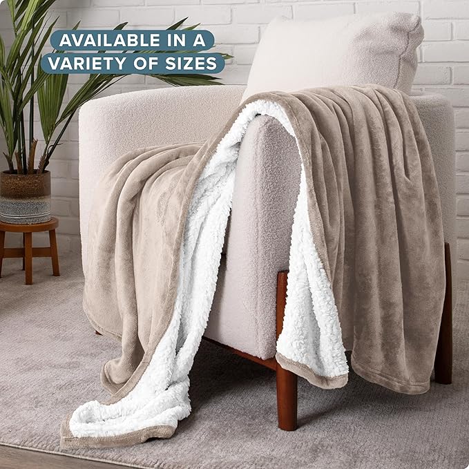 Bare Home Sherpa Fleece Blanket - Full/Queen Size - Blanket for Bed, Sofa, and Couch - Warm & Lightweight - Fluffy & Soft - Reversible (Full/Queen, Light Taupe)