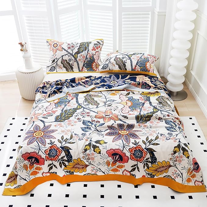 Scientific Sleep Boho Flower Farmhouse Retro Floral 100% Cotton Muslin Blanket Throw Cover Bed Couch Sofa Cozy Soft Reversible Bedding Blanket Quilt Bedspread Coverlet Twin 60 in x 80 in