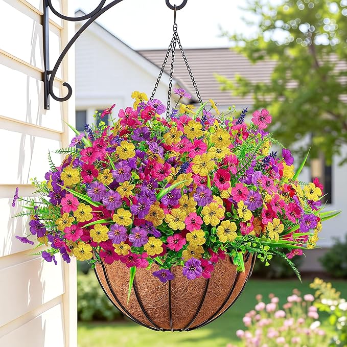 Alupssuc 24 Bundles Artificial Flowers for Outdoors Spring Summer Decoration, UV Resistant Faux Eucalyptus Violet and Lavender Silk Fake Plants for Outside Indoor Yard Home Patio Decor, Mix 3 Colors